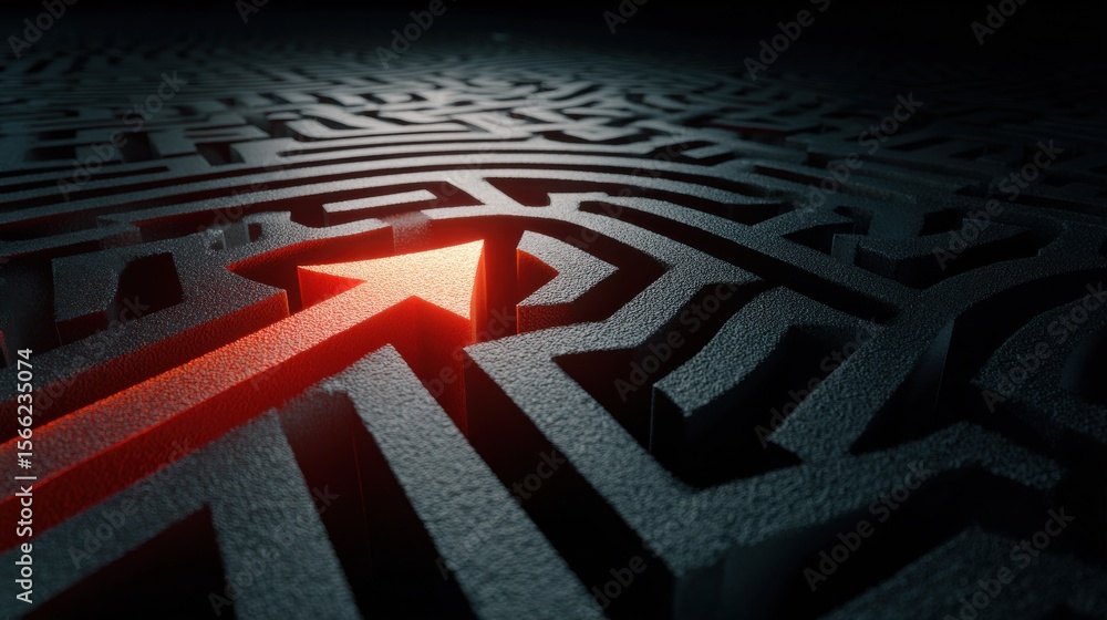 Poster red arrow leading through black maze design with abstract texture and shadows creating a sense of di