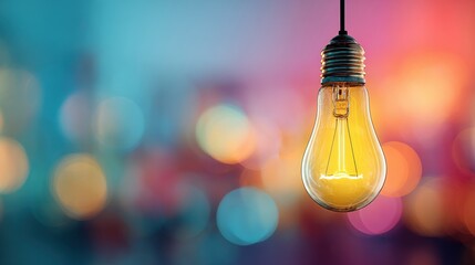 Vintage Light Bulb Hanging Against a Colorful Bokeh Background for Artistic and Creative Concepts