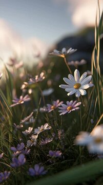 Beautiful daisy flowers gently swaying in a field with golden sunlight, captured in a vertical video format. Ideal for peaceful nature content or social media stories