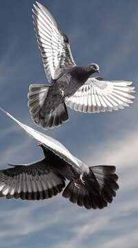 A beautiful pigeon gracefully flying against the sky in a vertical video format, perfect for social media stories and mobile content