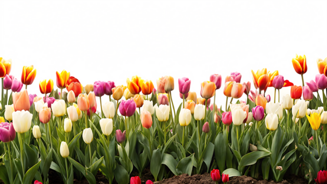 Colorful tulips blooming in spring isolated on a transparent background