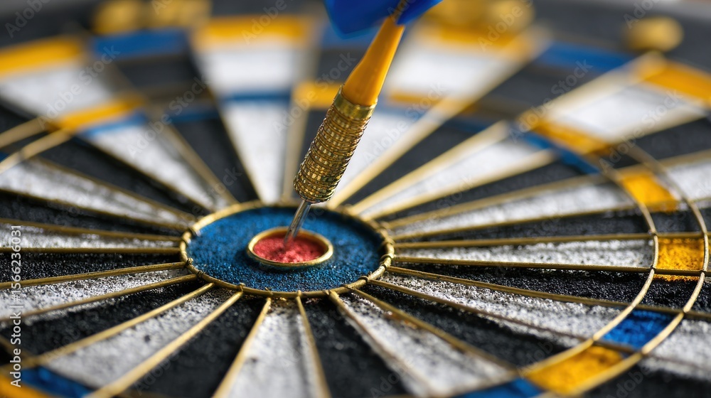 Poster close-up of dart hitting bullseye on dartboard with vibrant colors in a indoor game setting