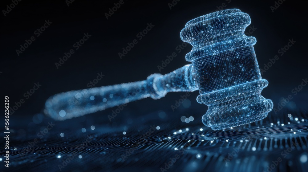 Poster digital representation of justice system with a virtual gavel on a circuit board background in abstr