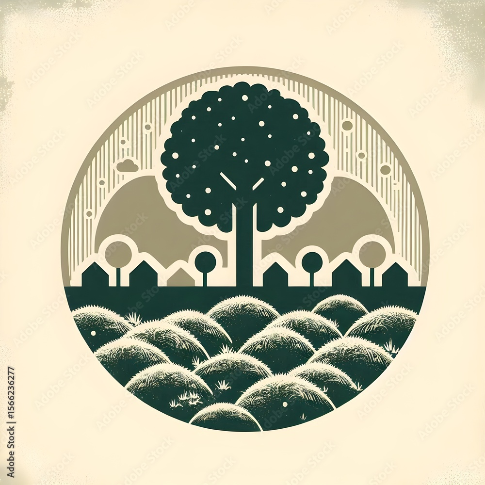 Poster overlapping tree canopy icon has been represented in vector style on light moss background, showing 