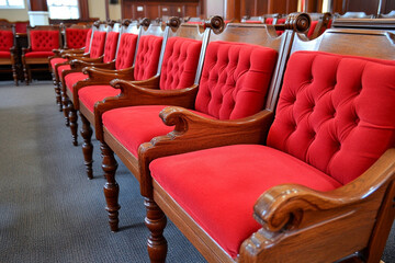 Chairs arranged in a neat row within an auditorium setting