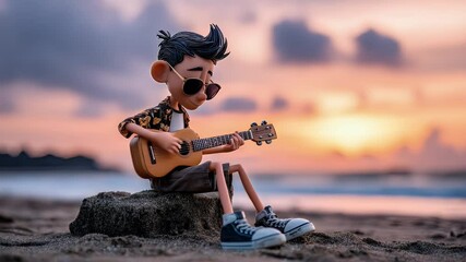 Cartoon character plays guitar at sunset on beach - Powered by Adobe