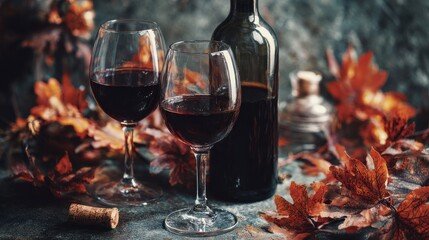 Elegant red wine in glasses with a bottle and autumn leaves on a rustic table for a cozy gathering setup