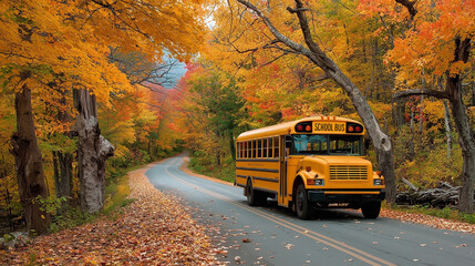 Obraz premium A yellow school bus is driving down a road with leaves on the ground