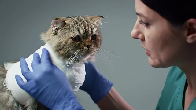 Tabby Cat Swathed in Bandages Post Spa Examined by Female Vet in Blue Gloves Against Solid Grey Backdrop