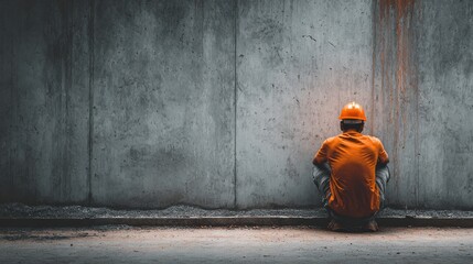 Construction worker in orange helmet sitting alone against concrete wall with thoughtful expression during break