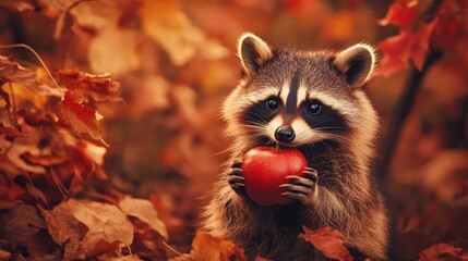 Fototapeta premium Cute raccoon holding a red apple amidst autumn leaves.