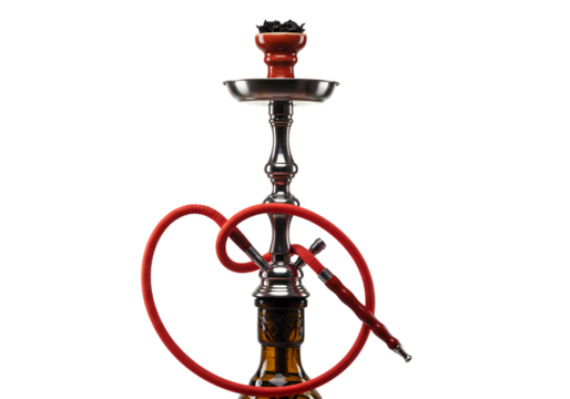 Elegant Hookah: Red Hose, Silver Accents, Isolated on White