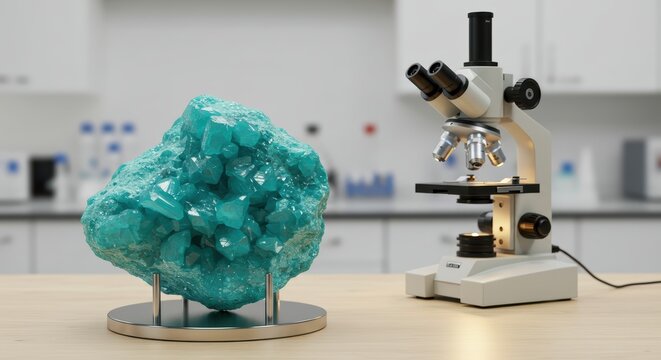 Teal crystal specimen displayed on a lab table next to a microscope.