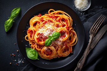 Spaghetti with tomato sauce and basil on a black plate with parmesan cheese