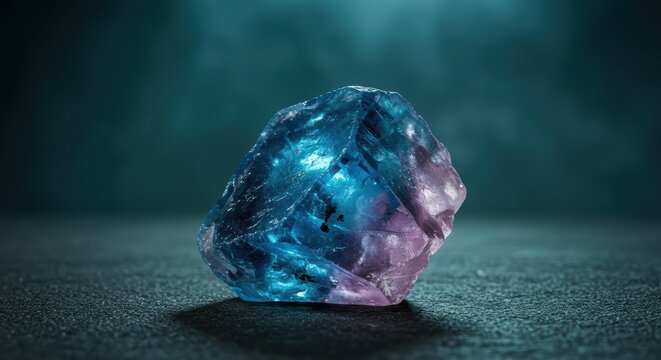 A single, rough, uncut gemstone with blue and purple hues sits on a dark surface against a teal backdrop. - Powered by Adobe