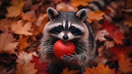 Adorable raccoon holding a red apple amidst autumn leaves. (2)