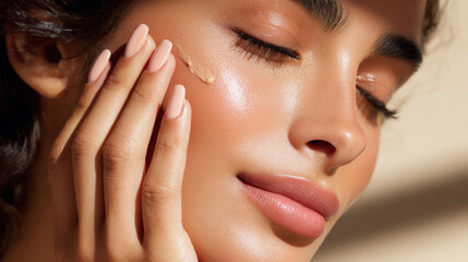 Glowing skin close up with natural makeup and smooth texture, showing skincare cream application on cheek