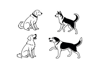 Adorable Dog Breeds Labrador and Husky Line Art Illustrations