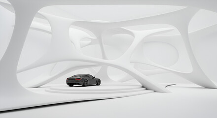 Sleek gray car showcased in a modern, all-white architectural structure