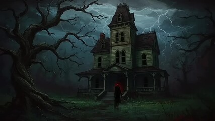 Spooky mansion with eerie figure under stormy sky for thrilling halloween background - Powered by Adobe