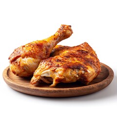 Two delicious roasted chicken legs and a thigh on a wooden plate isolated on white background