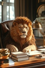 Majestic lion seated at a wooden desk surrounded by books and warm lighting in a luxurious office setting