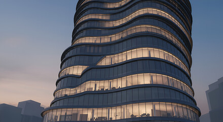 Unique architectural design of a modern high-rise building at dusk showcases