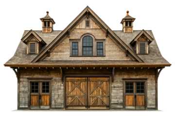Wooden carriage house with cedar shake siding and cupola isolated with transparent background