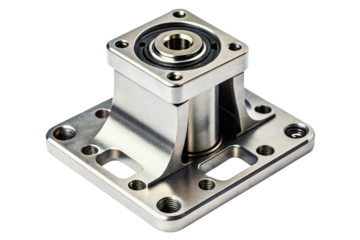 Square metal industrial part with a central bearing isolated with transparent background