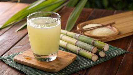 Natural Juice From Fresh Sugarcane In A Glass On Wooden Table, Ai Generated