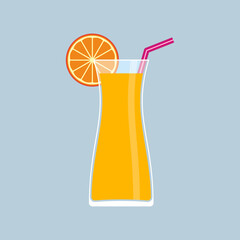 Glass of fresh orange juice illustration with a slice of orange on the rim and a straw