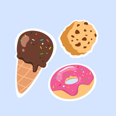 Donut, Ice Cream and Cookie set. Delicious and sweet food element. Can be used for sticker, print and decoration