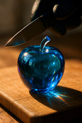 Extreme Macro of Blue Glass Apple with Knife and Warm Sunlight