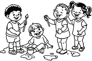 Diverse group of happy children enthusiastically painting together outdoors