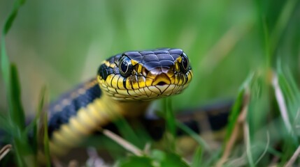 Obraz premium Close-up view of a snake's head in a grassy environment.