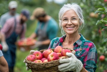 senior woman holding basket of apples
