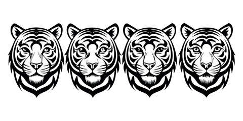 Majestic Tiger Heads Four Striking Black and White Illustrations