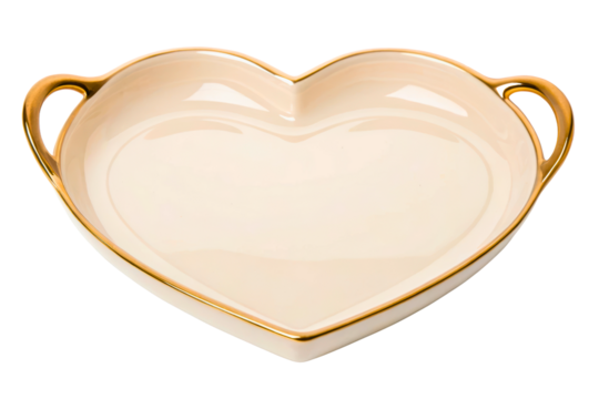 Heart-shaped ceramic serving dish with gold rim and handles isolated with transparent background - Powered by Adobe