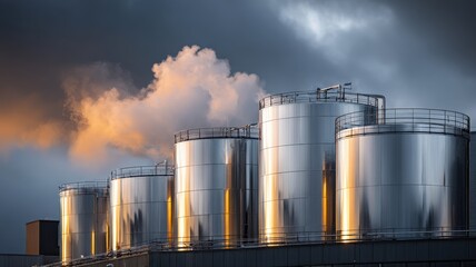 Obraz premium A close-up on the reflective surfaces of storage tanks at a chemical plant, mirroring the sky and conveying cleanliness and scale