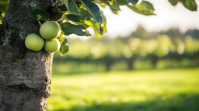 Green Apples on Tree Branch in Orchard Sunlight