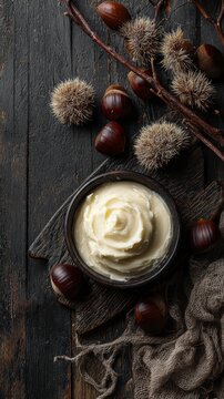 Shea butter with roasted chestnuts and twigs on dark wood &ndash; 9:16 vertical