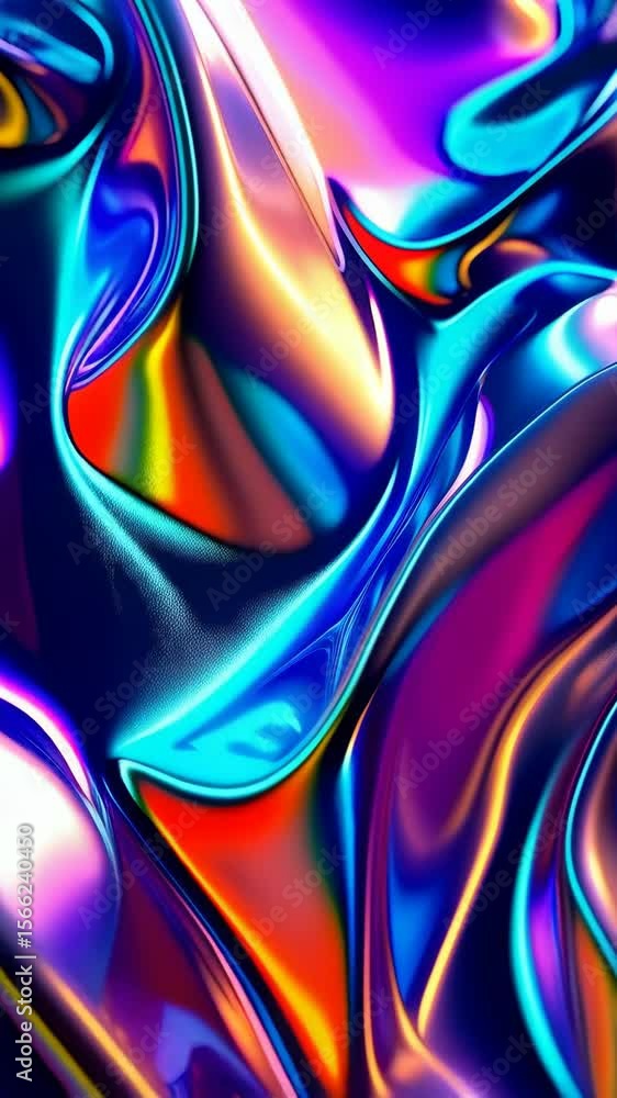 Poster iridescent flowing liquid with colorful highlights and curves in an abstract style