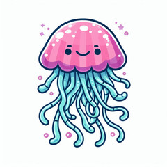 Playful, cartoonish depiction of a jellyfish with  vibrant colors.  It is presented in a flat design style.