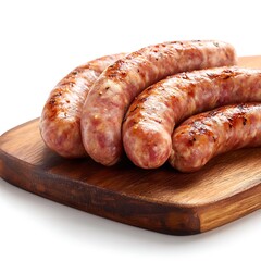 Close up of juicy grilled sausages on a wooden board isolated on white background
