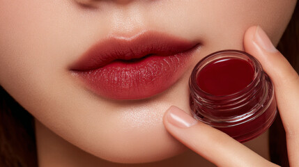 Red lip balm pot close up with smooth skin and natural nails, showing soft texture and rich color on lips
