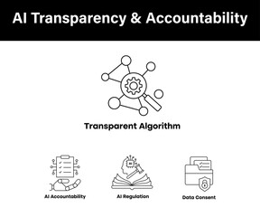  AI Transparency and Accountability – Responsible Governance of Artificial Intelligence Systems icons with editable stroke.