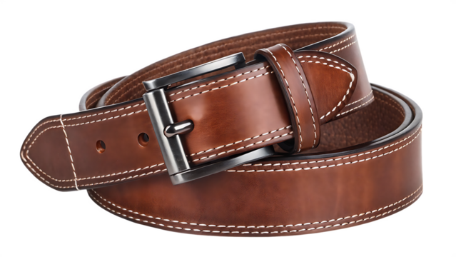 Mens brown leather belt with white stitching isolated on a transparent background