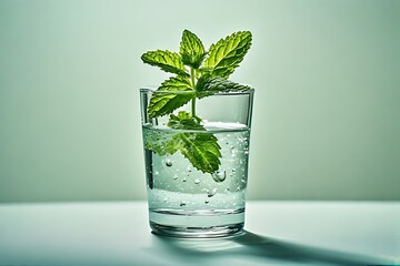 Single mint sprig in a glass of water