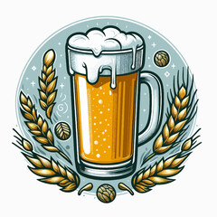 Detailed, stylized illustration of a beer mug surrounded by wheat, in a circular graphic design.