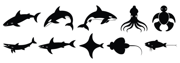 Black silhouettes of diverse marine animals including shark, dolphin, squid, turtle, and stingray isolated on white background